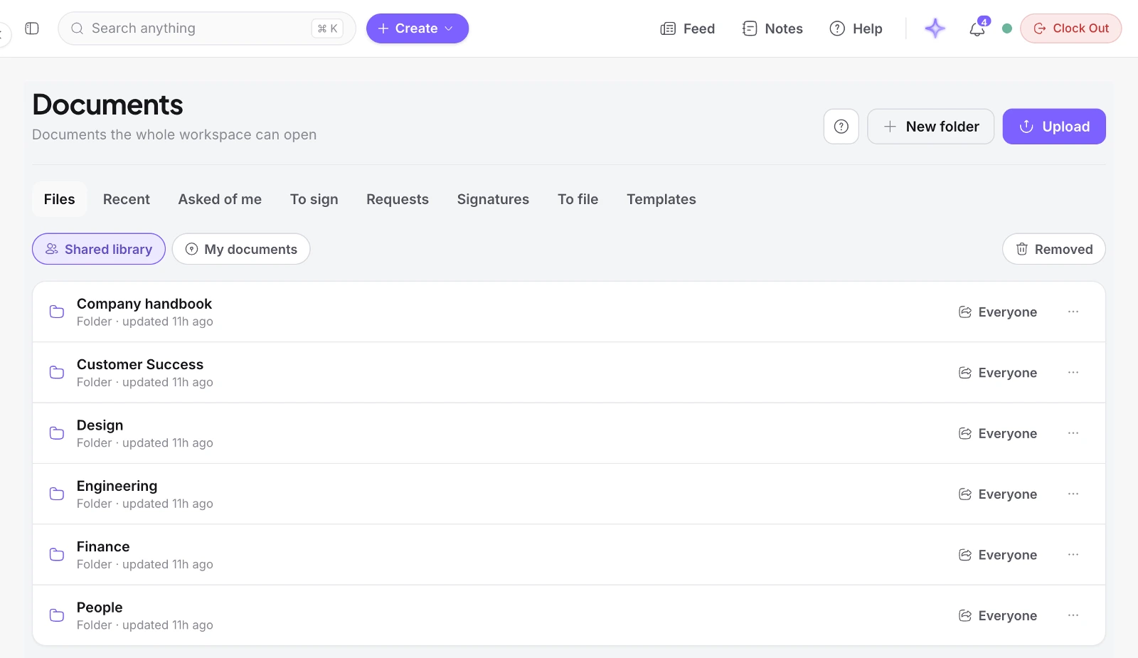The document library in the product: shared folders for the company handbook and each department, with tabs for files to sign, requests and templates