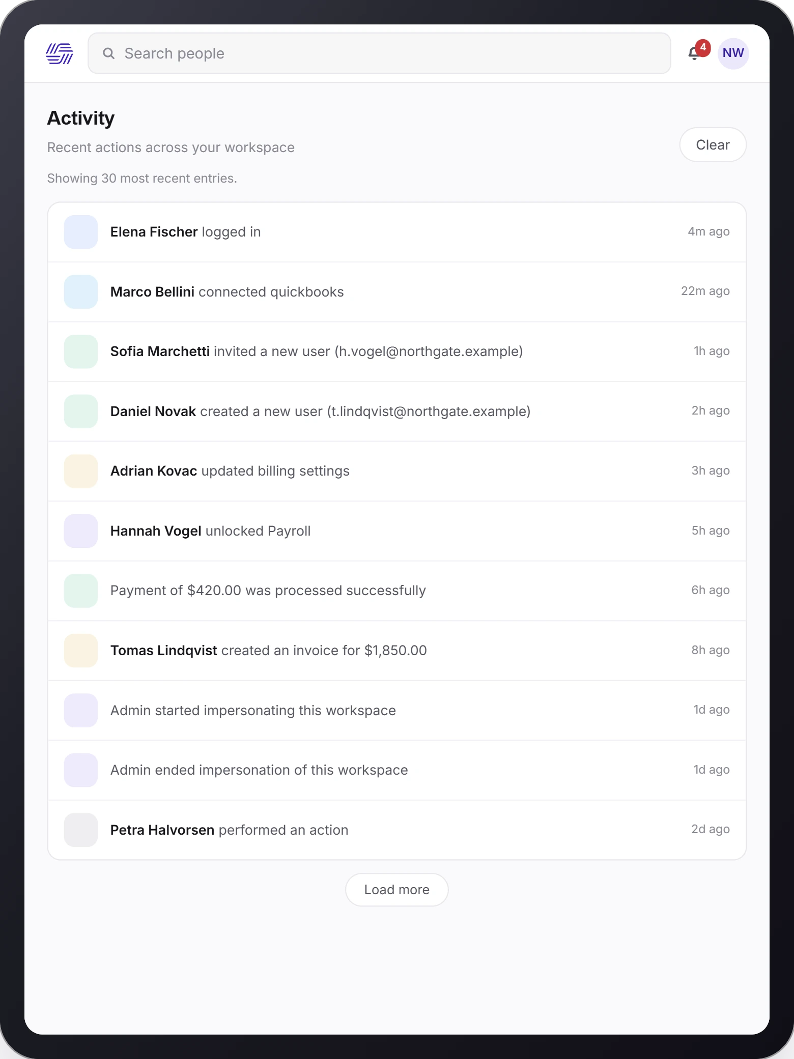 The Activity feed open on a tablet: eleven rows of workspace actions, each with an icon, a plain language line and how long ago it happened, including one row for an action the feed has no specific wording for