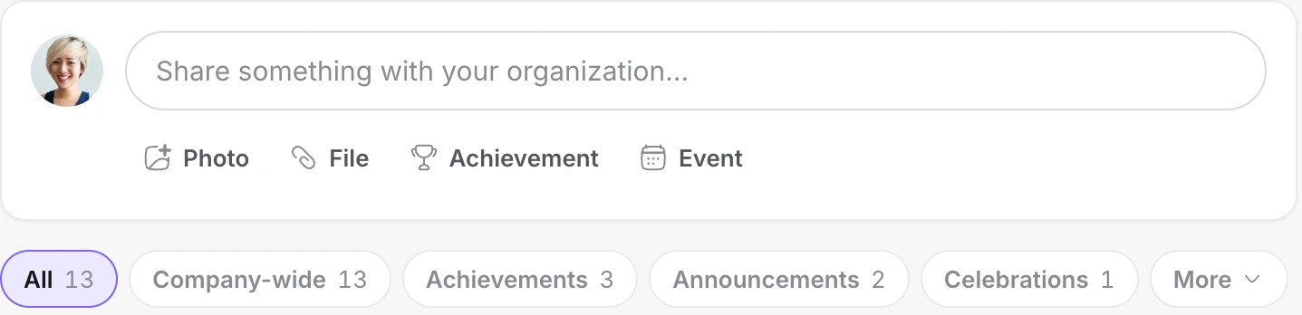 The company feed in the product: announcements, milestones and celebrations filtered by audience