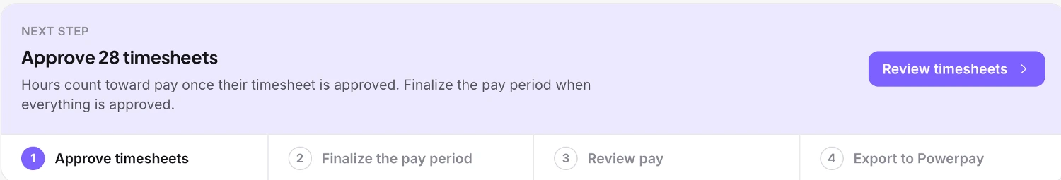 The payroll pay period in the product: employees paid, total hours, and the timesheets still waiting on an approval