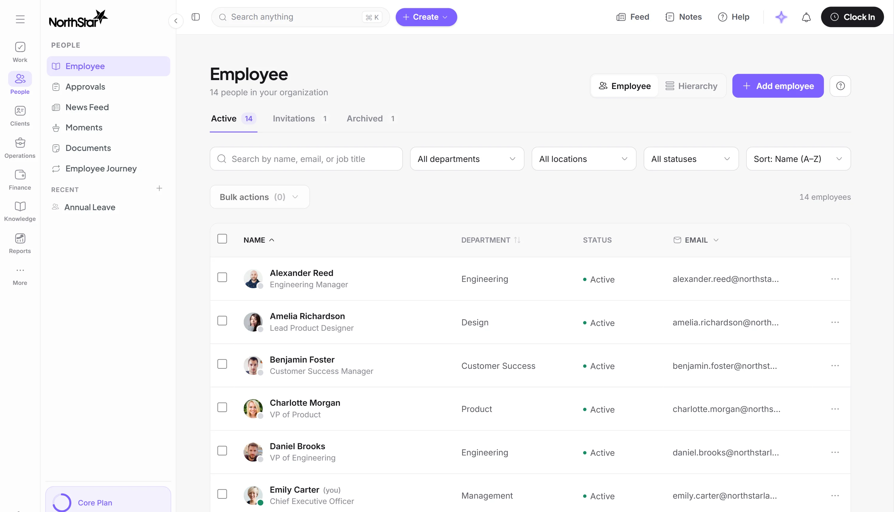 The People module in the product: fourteen active employees with department, status and email, filtered by department, location and status