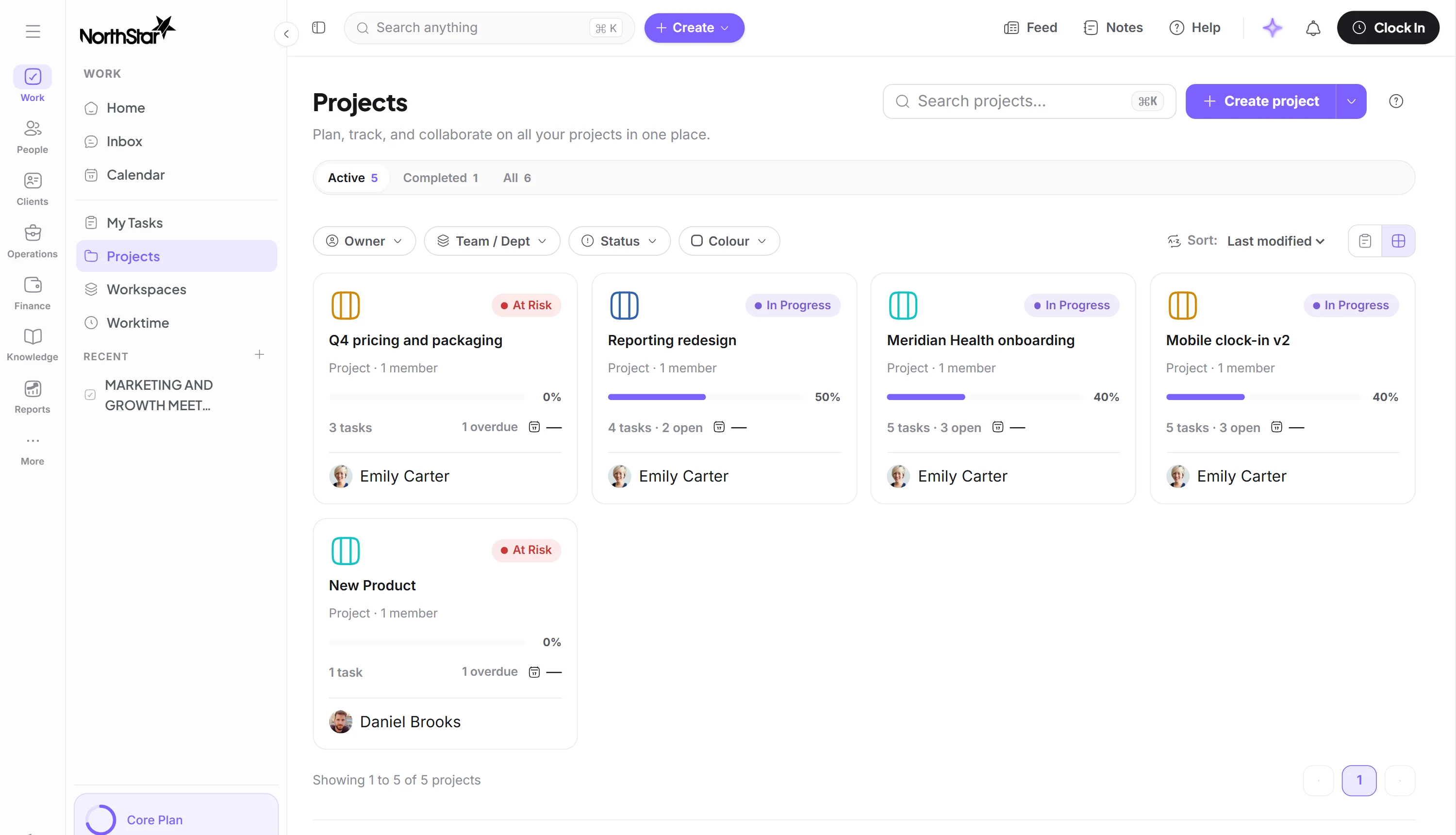 The Projects screen in the product: five active projects with percent complete, On Track and At Risk states, task counts and owners
