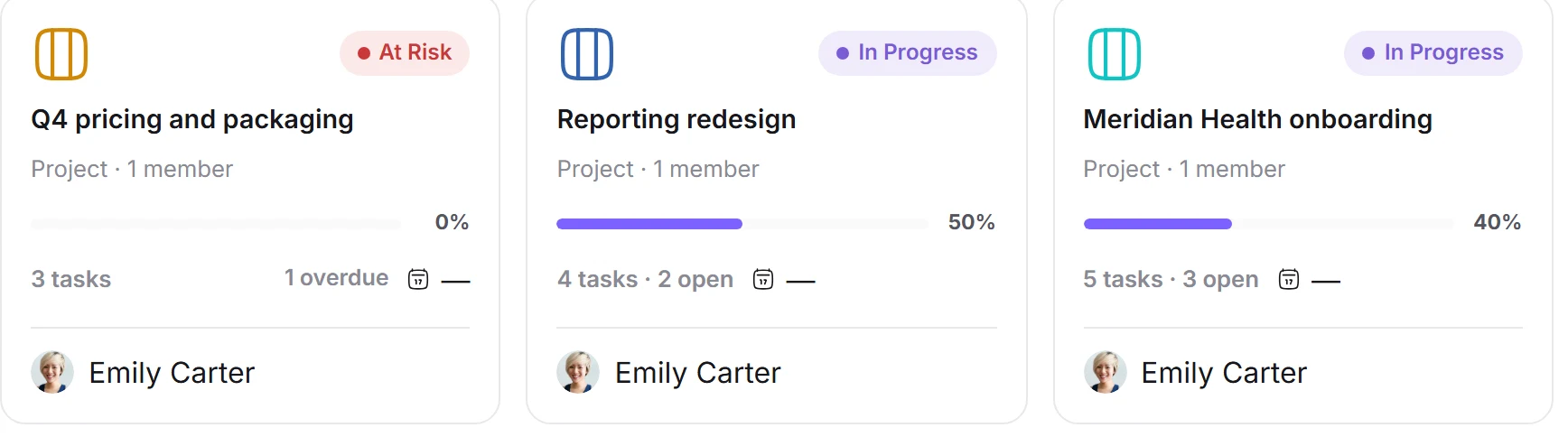 Project cards in the product showing percent complete, At Risk and In Progress states, task counts and their owners