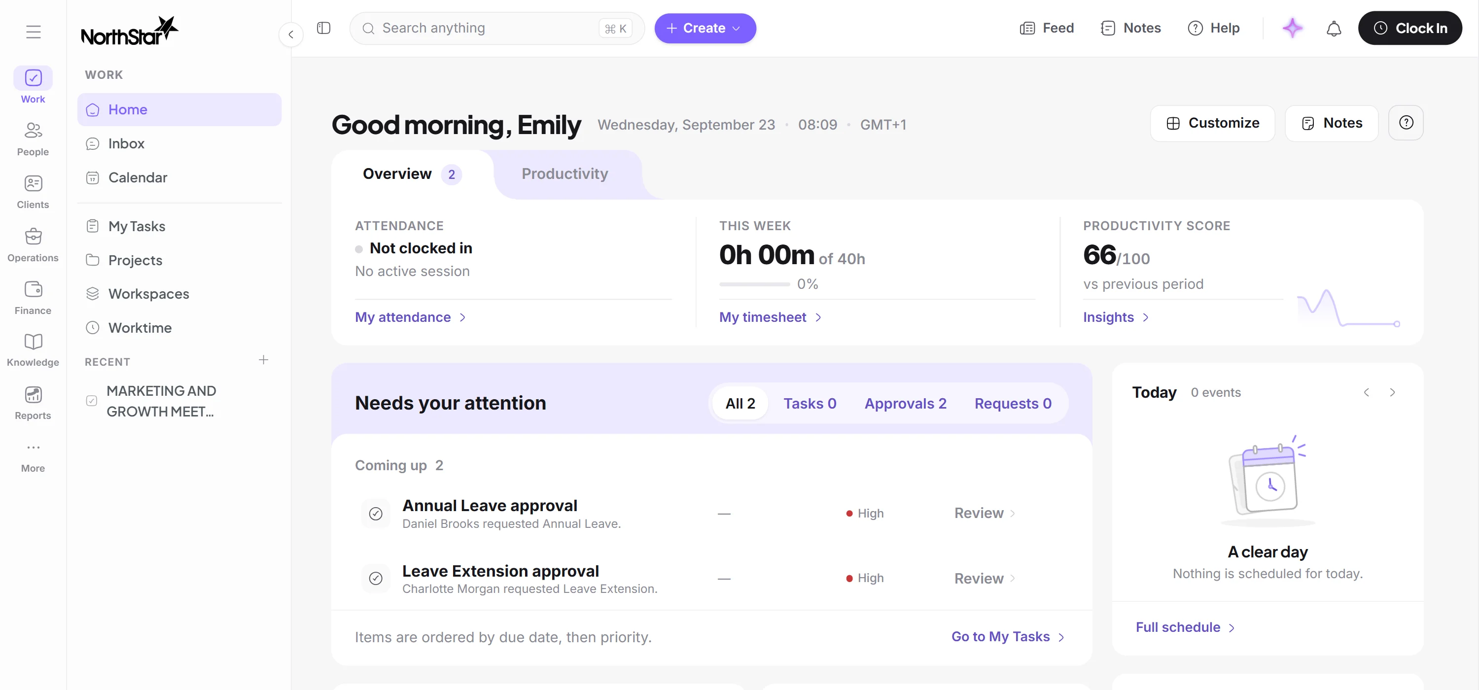 A StaffIntra workspace open on a desktop, with the day’s work, people and time in one shell