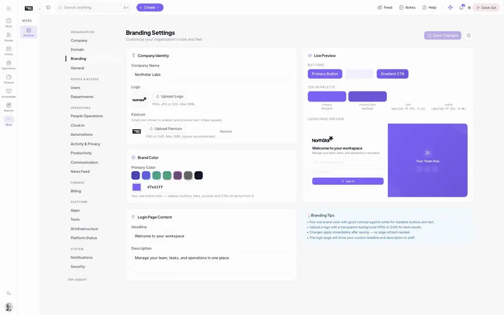 Branding settings in the product, cycling through six brand colours: the buttons, the colour palette and the sign-in preview all re-theme from the single primary colour