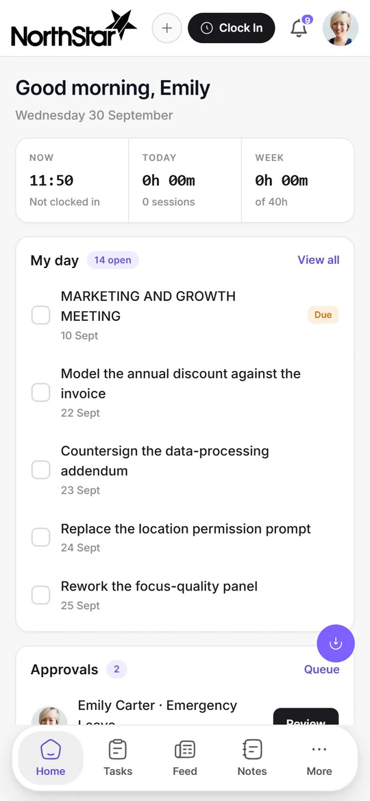 The same workspace on a phone: the Northstar dashboard in the mobile layout, with the day’s greeting, clock-in status, the open tasks for the day and the approvals waiting for review.